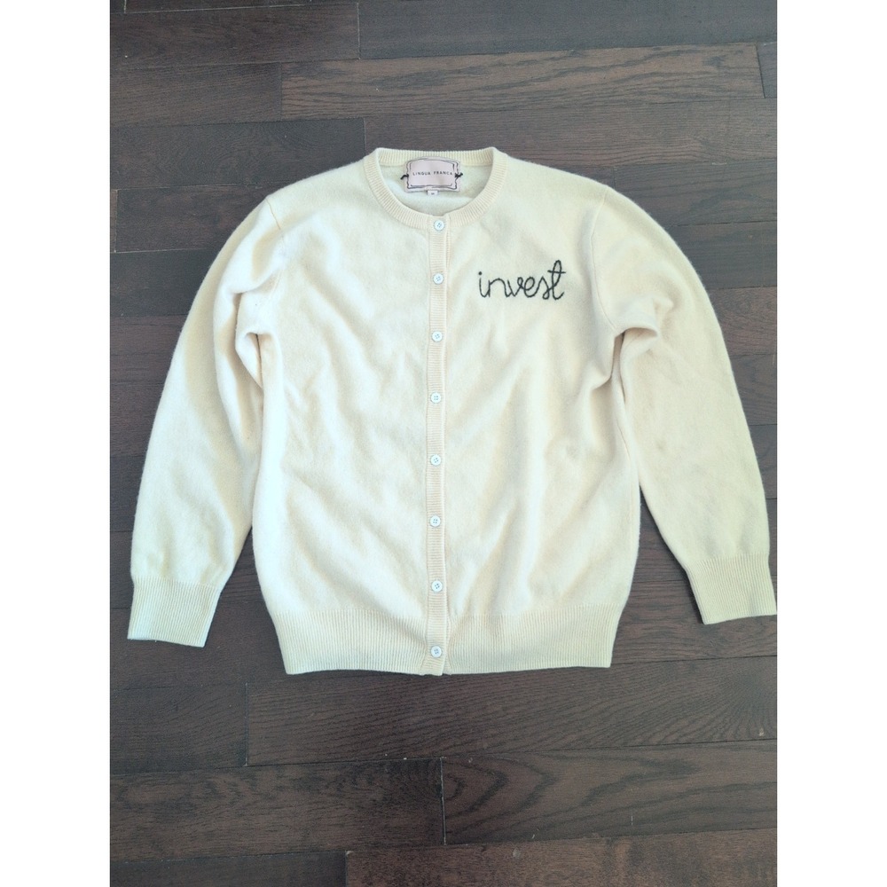 Lingua Franca Cashmere Cardigan Sweater Medium Cream Invest Embroidered Luxury